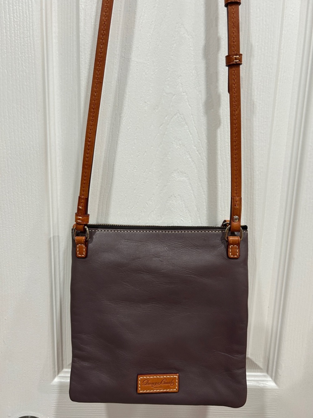 Dooney & Bourke Leather Crossbody in Elephant Grey with Tan Strap